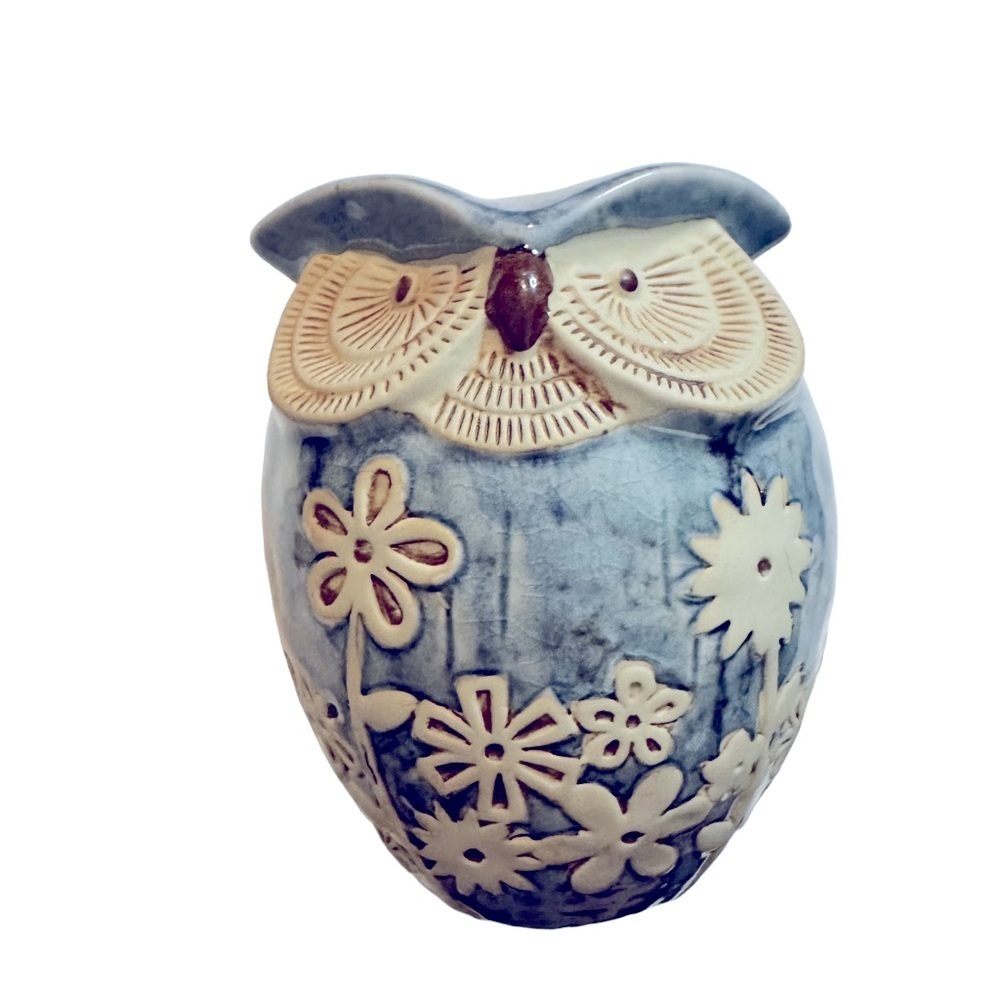 Rustic Blue Cream Brown Ceramic Owl Sculpture with Flowers Home Boho